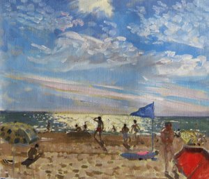 Blauwe vlag en rode zonnescherm, Montalivet